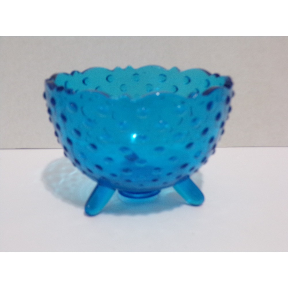 Vintage L.E. Smith Glass Colonial Blue Hobnail Three Footed Candy Serving Bowl